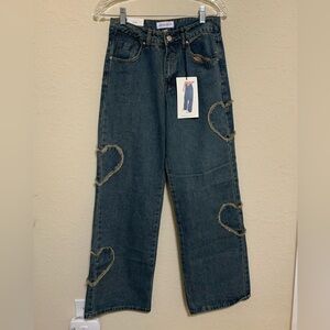 Angel Kiss Dark Blue Straight Leg Jeans with Heart Accents